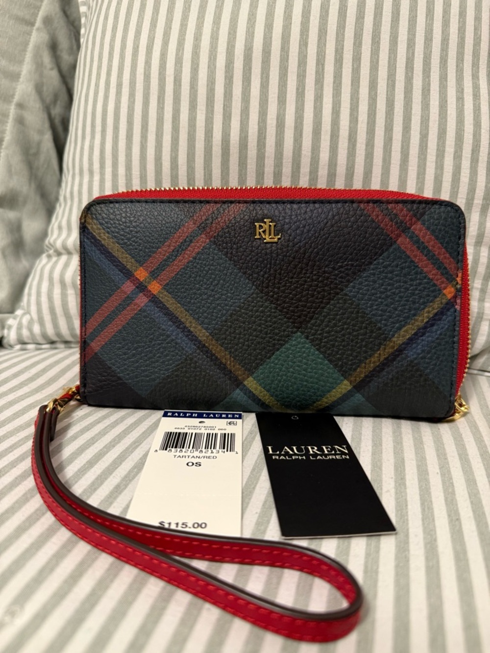 NWT Lauren Ralph Lauren Plaid Zip Wristlet Wallet in Black with Red Trim
